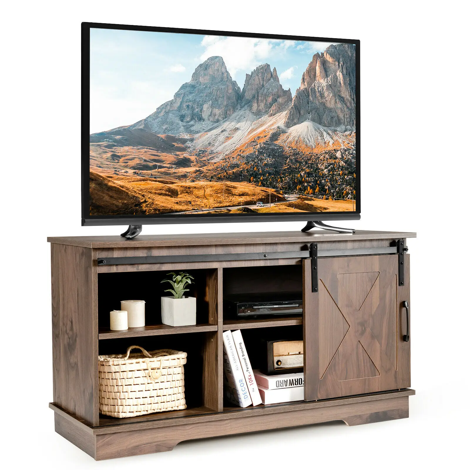 Farmhouse Sliding Barn Door TV Stand Storage Cabinet Console w/ Adjustable Shelf