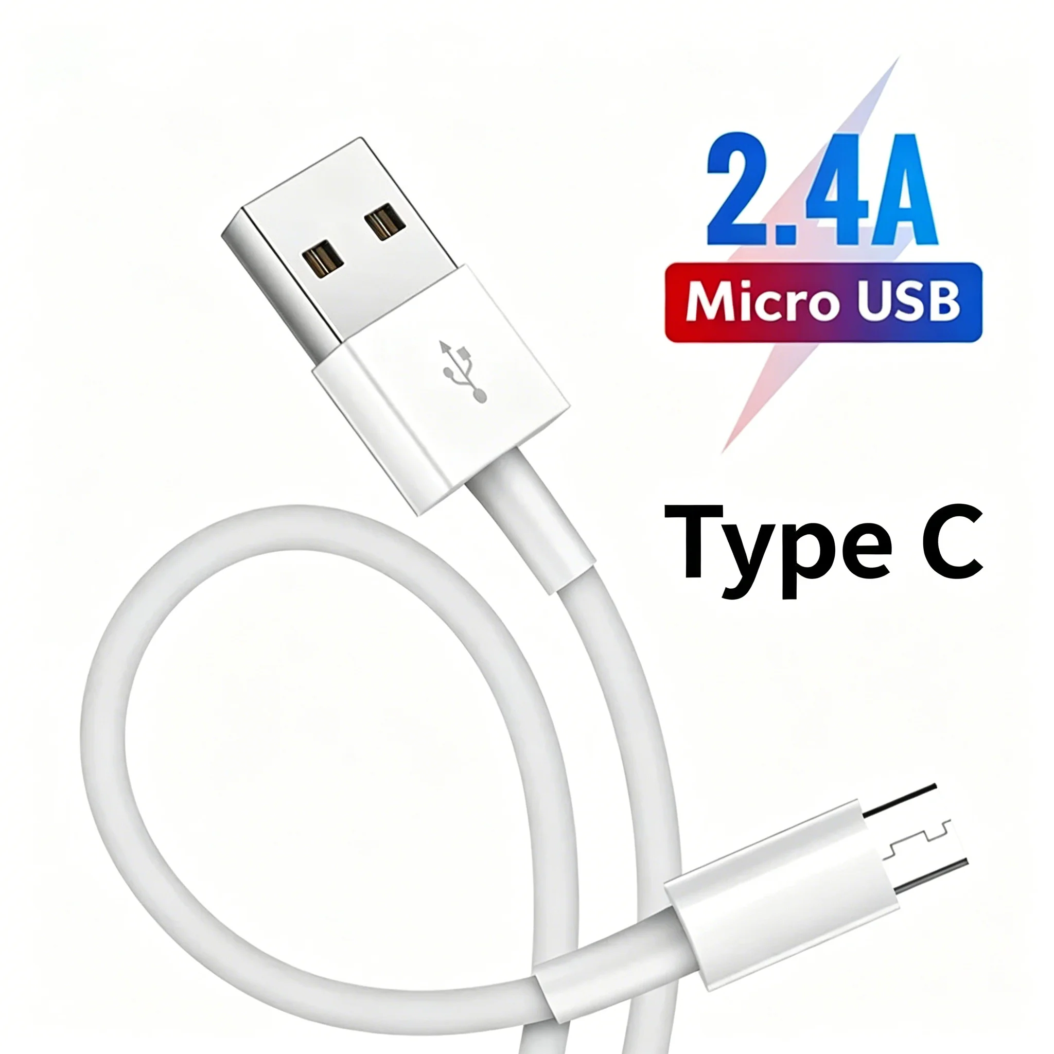 2.4A USB Type C Fast Charging Phone Cable 1/1.5/2/3m Data Sync Cord For Samsung Huawei Xiaomi Mobile Phone Charging White Wire