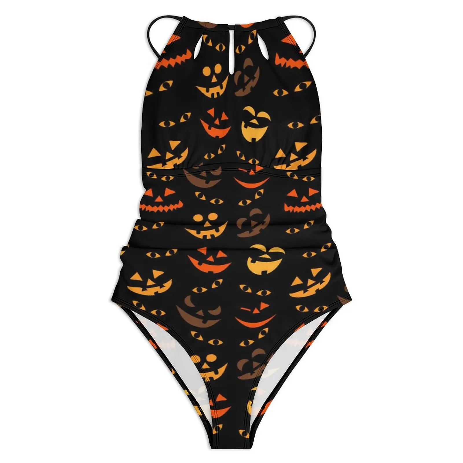 Pumpkin Print Swimsuit Halloween Faces One Piece Swimwear Push Up Fantasy Monokini Sexy Holiday Rave Graphic Bodysuit