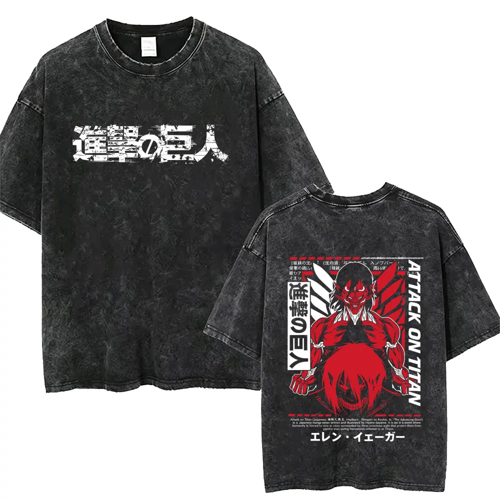 

Washed Vintage Anime Attack on Titan T-shirts Eren Jaeger Graphic T-shirt Men Women Clothing Summer Manga Retro Cotton T Shirt