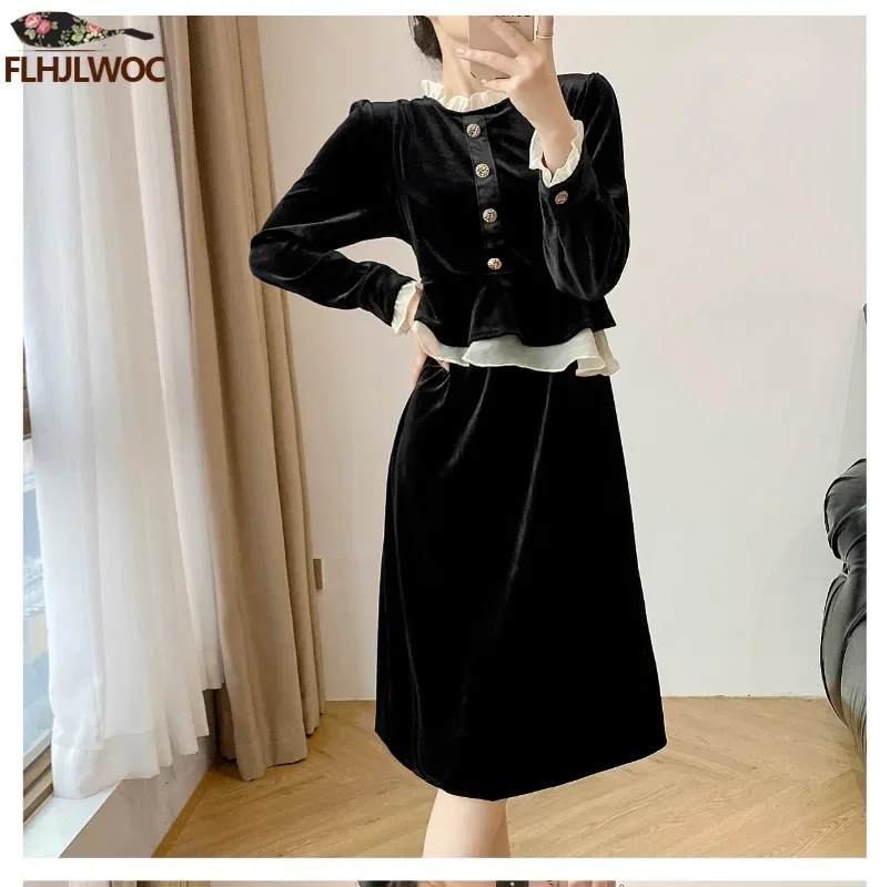 Chic Elegant Annual Meeting Faux Two Ruffles Shirt Dress Women Stand Collar Retro European French Design Black Velvet Dresses