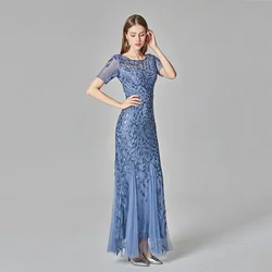 Sequin Mesh Embroidery Mermaid Evening Dress Formal Short Sleeve Elegant Party Prom Gowns Long Maxi Dresses for Women
