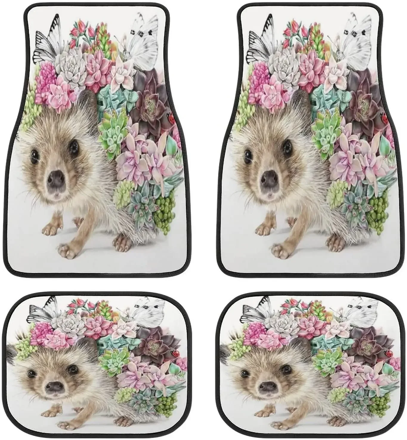 Hedgehog Kawaii with Flowers Car Mats Universal Fit Car Floor Mats Fashion Soft Waterproof Car Carpet Front&Rear 4 Pieces Full S