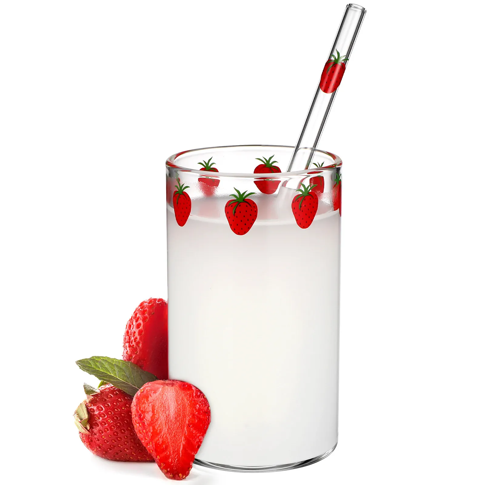 Vaso de Vidrio con Diseño de Fresa, Apto para Microondas, Resistente al Frío, para Agua, Jugo, Leche, Café, Té