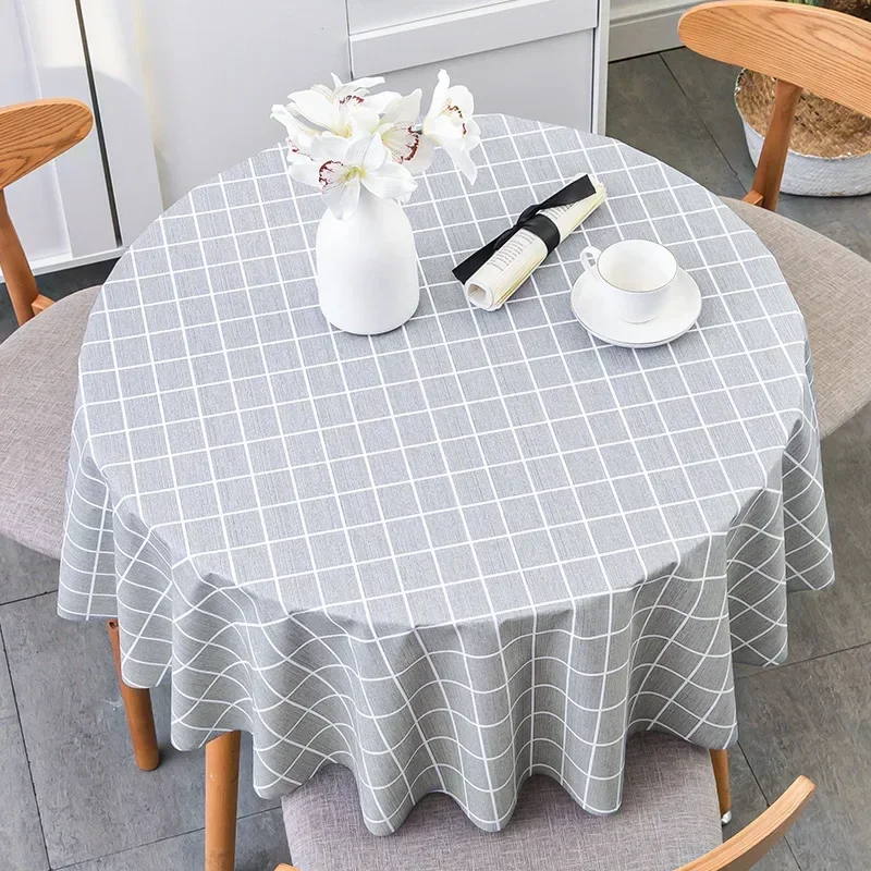 1PC Round Grid PVC Printed Tablecloth Waterproof Oil-proof Anti-Scalding Table Cloth Coffee Kitchen Dining Table Colth Cover Mat