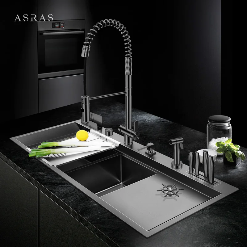 Black Nano Rectangular Handmade Sink With Cup Washer With Drain And Kitchen Faucet-12050NT-2