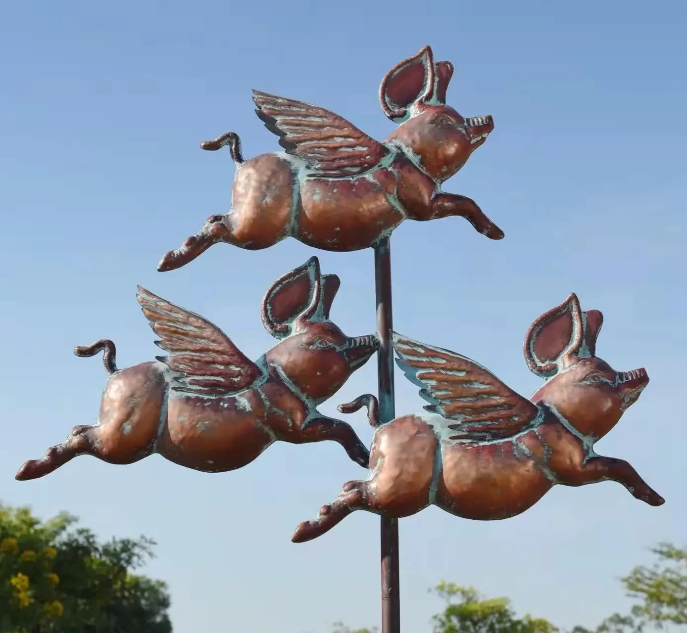 Flying Pig Wind Spinner Outdoor, 90"x32" Antique Copper Flying Pigs Garden Statues & Sculptures, Large Metal Spinner Garden Deco