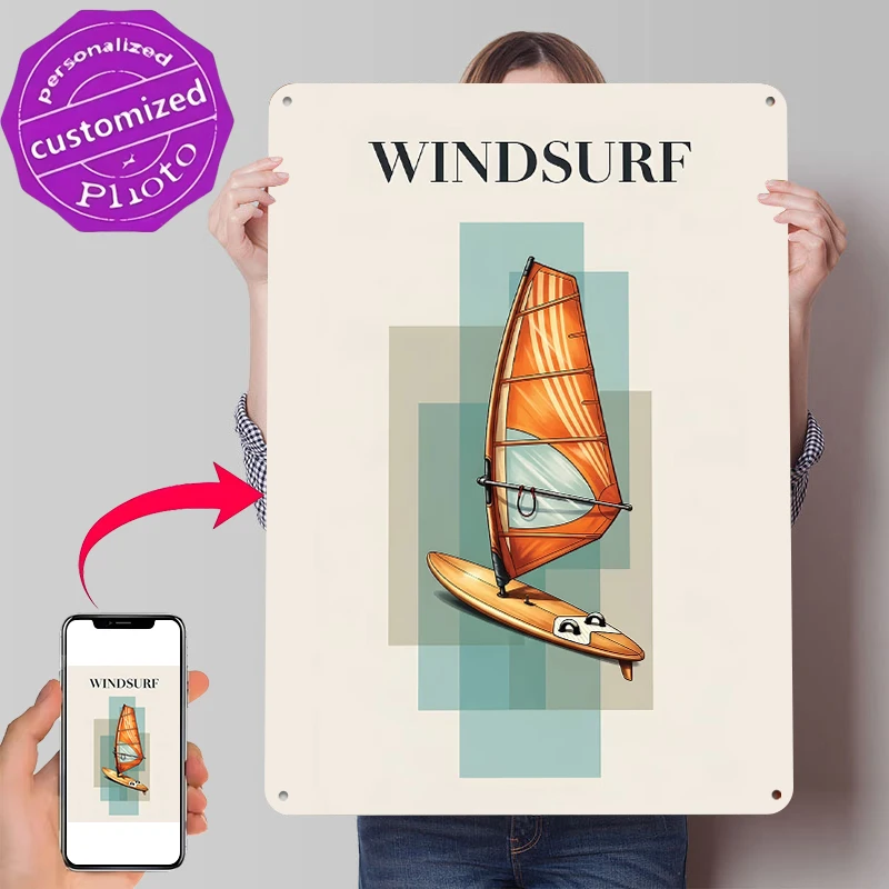 Windsurf Board and Sail Illustration Metal Poster Customized Wall Art Retro Vintage Tinplate Signs for Decoration Living Room