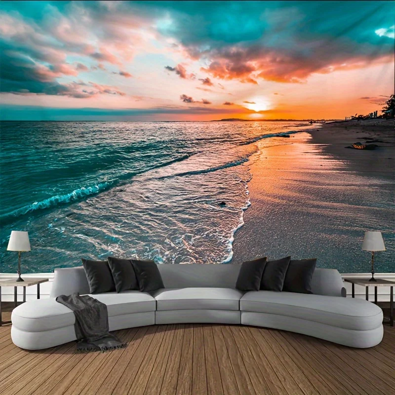 VIKAMA Sunset Beach Wandteppich mit Farbverlauf, orange und blaue Wellenstruktur, Wohnzimmer, Sofa, Wand, Strand, Resort-Stil, Heimdekoration