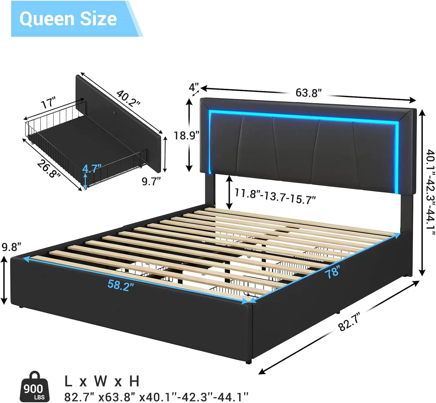 Каркас кровати размера «queen-size» со светодиодной подсветкой, 4 ящиками и USB-портами. Современный мягкий каркас кровати-платформы с местом для хранения вещей «queen-size», черная искусственная кожа.