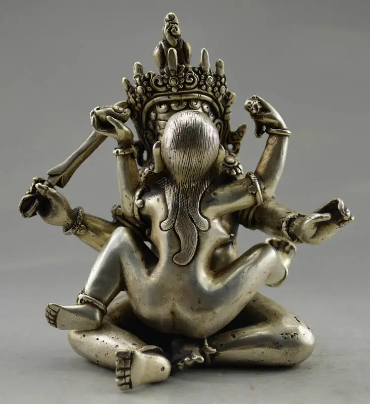 collectable Decorated Old Handwork Tibet Silver Carved Buddha Make Love Statue