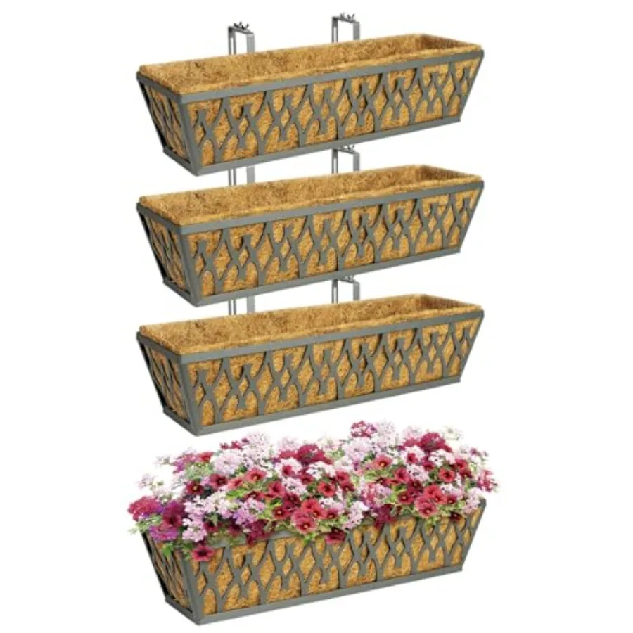 

4 Pack 24 Inch Window Boxes Planters for Porch Fence Patio Balcony Outdoor Garden Decor Dark Grey Metal with Adjustable Bracket