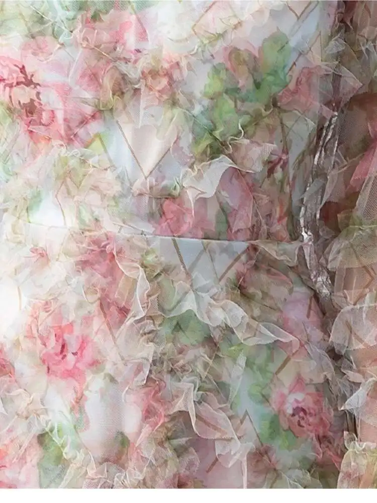 Outono camada plissado manga longa bolo vestido para mulheres elegante verão impressão flor tule festa noite maxi vestidos rosa