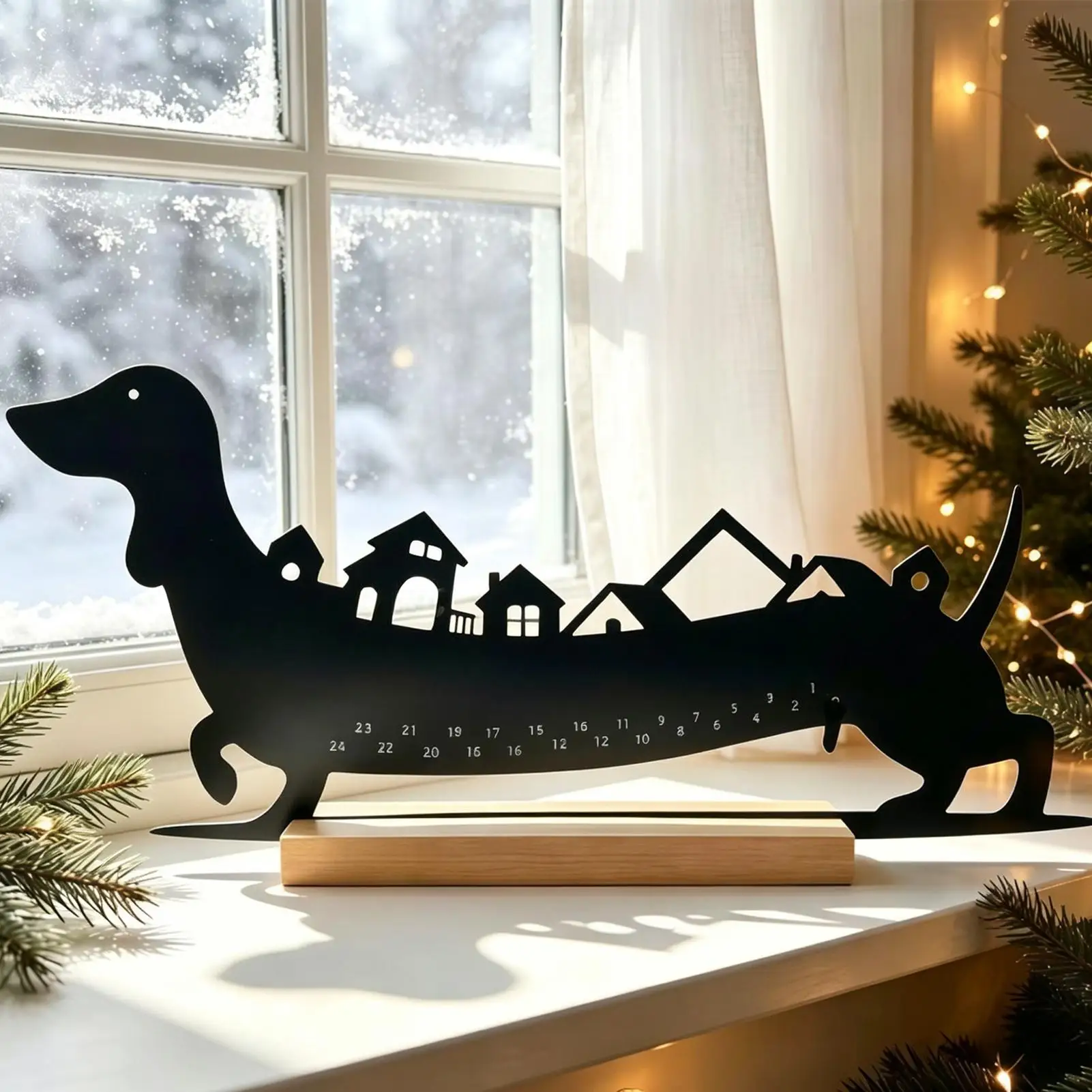 Dachshund Silhouette Metal Advent Calendar Ornament Wooden Base Christmas Countdown Desktop Figurine Holiday Tabletop Art Decor
