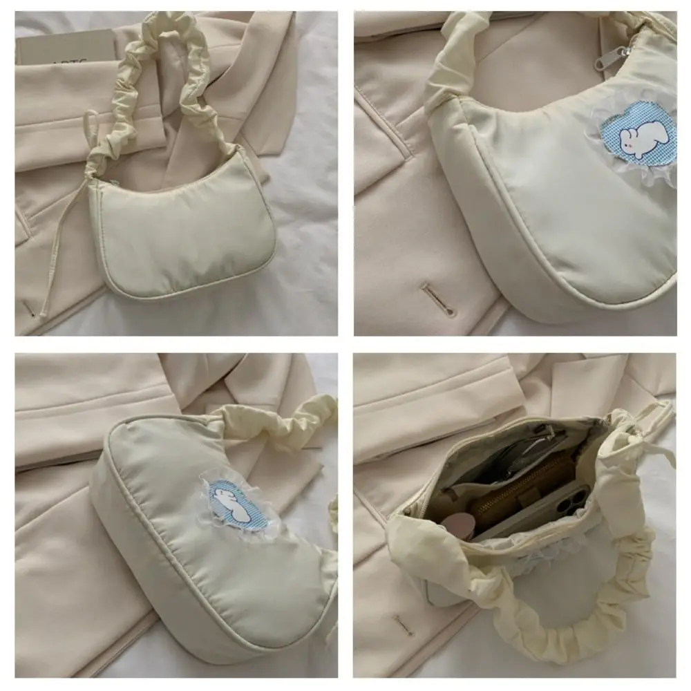 Lace Love Rabbit Underarm Bag Large Capacity Korean Style Pleated Strap Shoulder Bag Tote Bag Solid Color Sweet Handbag Girls