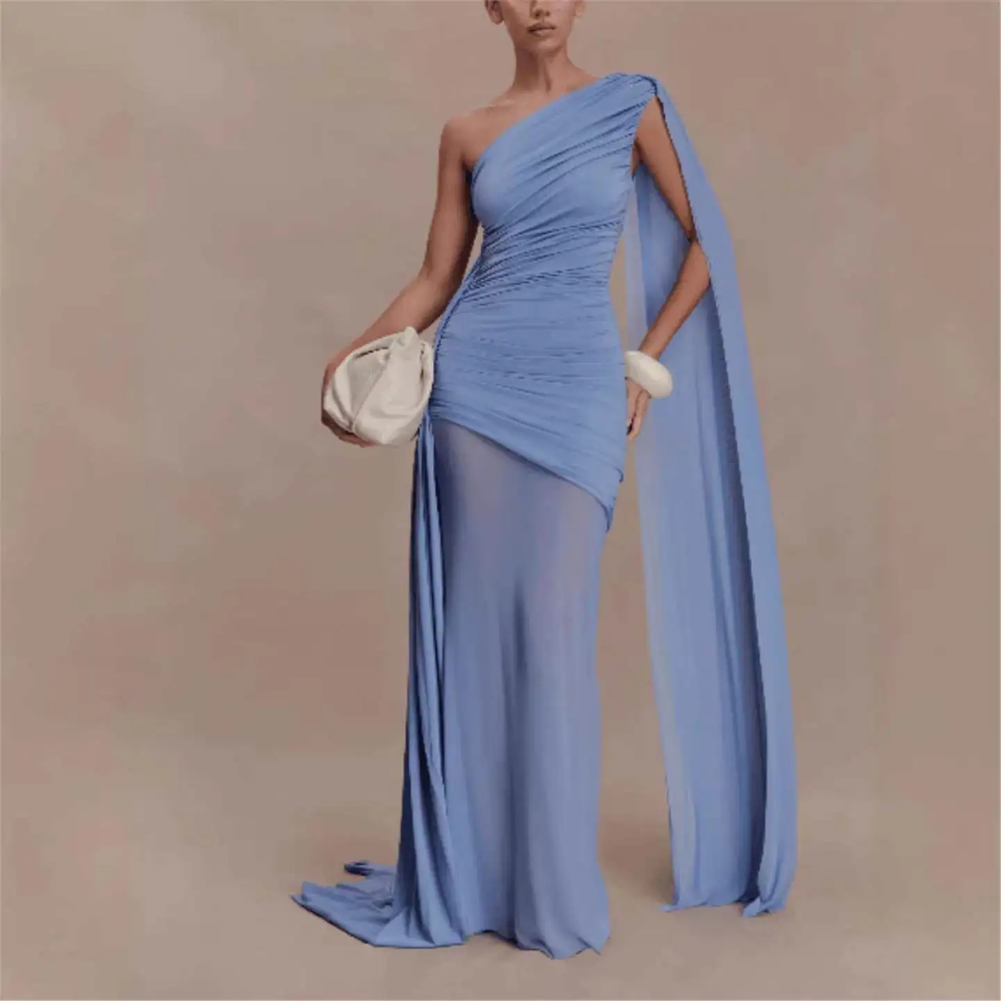 Cross-Border Women's New Style Mesh Splice Oblique Shoulder Shawl Slim Party Dress Evening Gown High Waist Bodycon Skirt