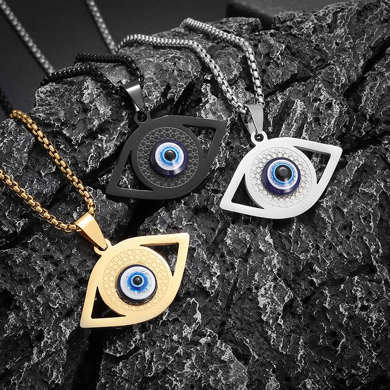 Collar con colgante de mal de ojo turco de acero inoxidable para hombres y mujeres, joyería de amuleto de la suerte personalizada, tendencia de moda