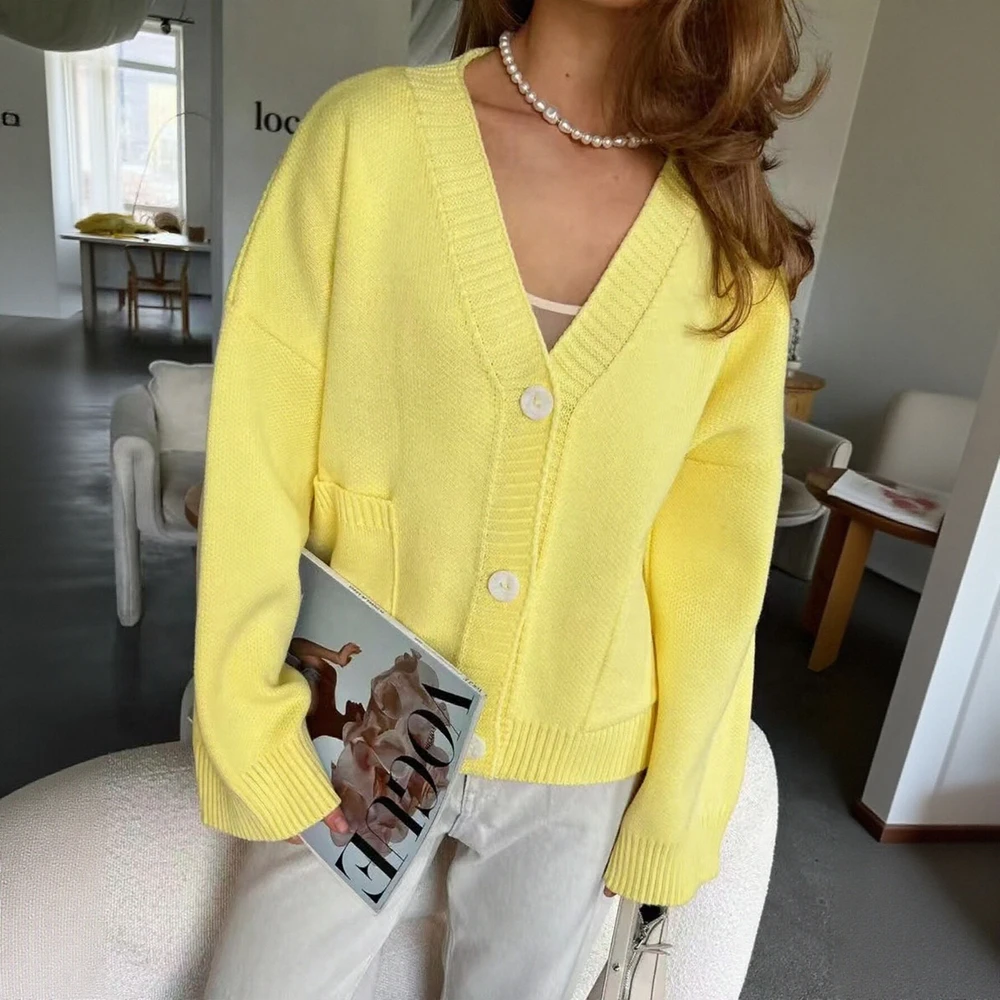 

Женский свободный вязаный кардиган с v-образным вырезом, осень-зима, новый стиль, мягкий уютный дизайн, свитер, пальто, карман в европейском и американском стиле