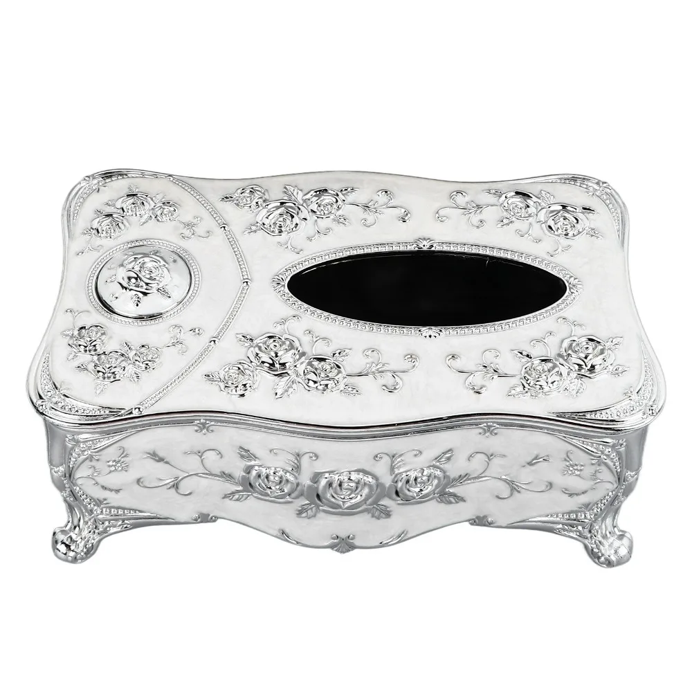 3D Rose Rose Tissue Box Strong PP Gold White Color Tissue Box Cover Embossed Flowers Toothpick Slot Tissue Box Holder For Office