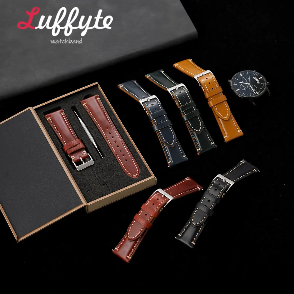 Waxed Leather Watch Strap for Men Women 20mm 22mm Quick Release Calfskin Band with Gift Packing Box Casual Business Watchband