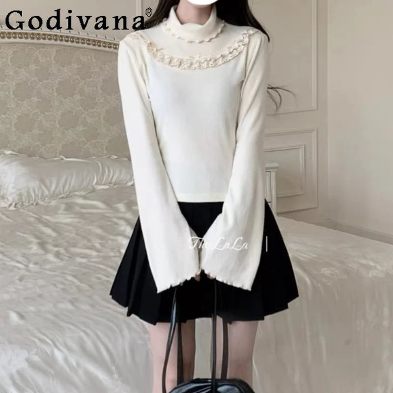 

Лолита, осень-зима, женская универсальная трикотажная эластичная водолазка, нижняя рубашка, модный милый возрастной тонкий топ с длинными рукавами