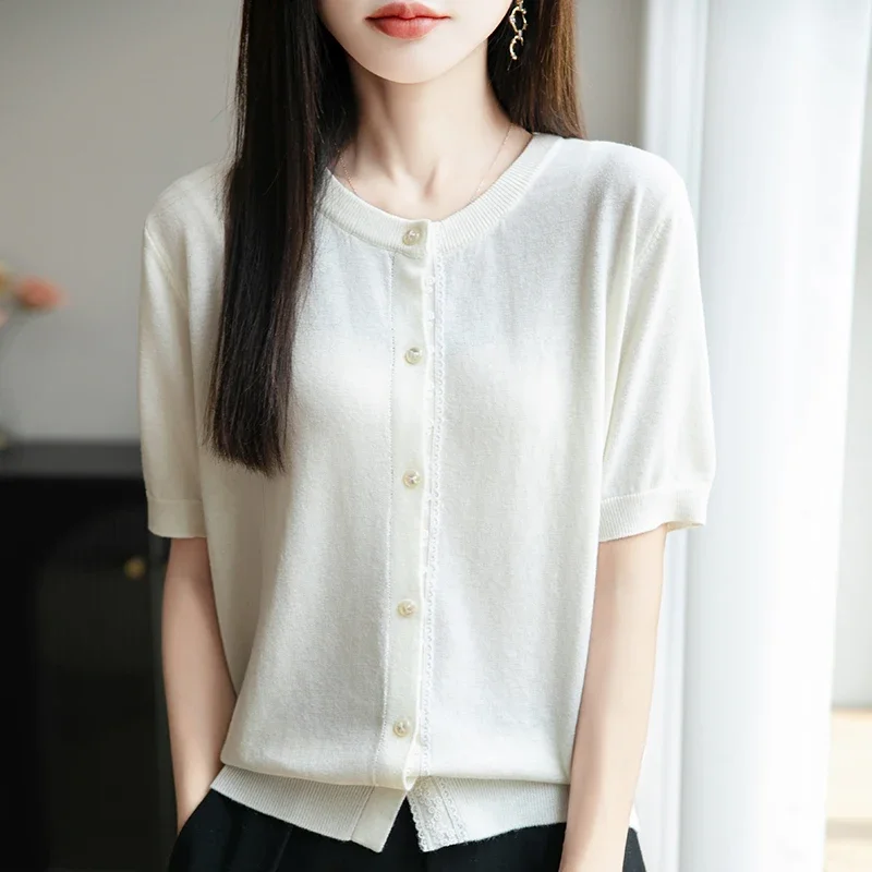 

Summer Round Neck Knitted Solid Color Short Sleeved Cardigan T-shirt for Women, Loose Slimming, Thin Trendy Top For Outerwear