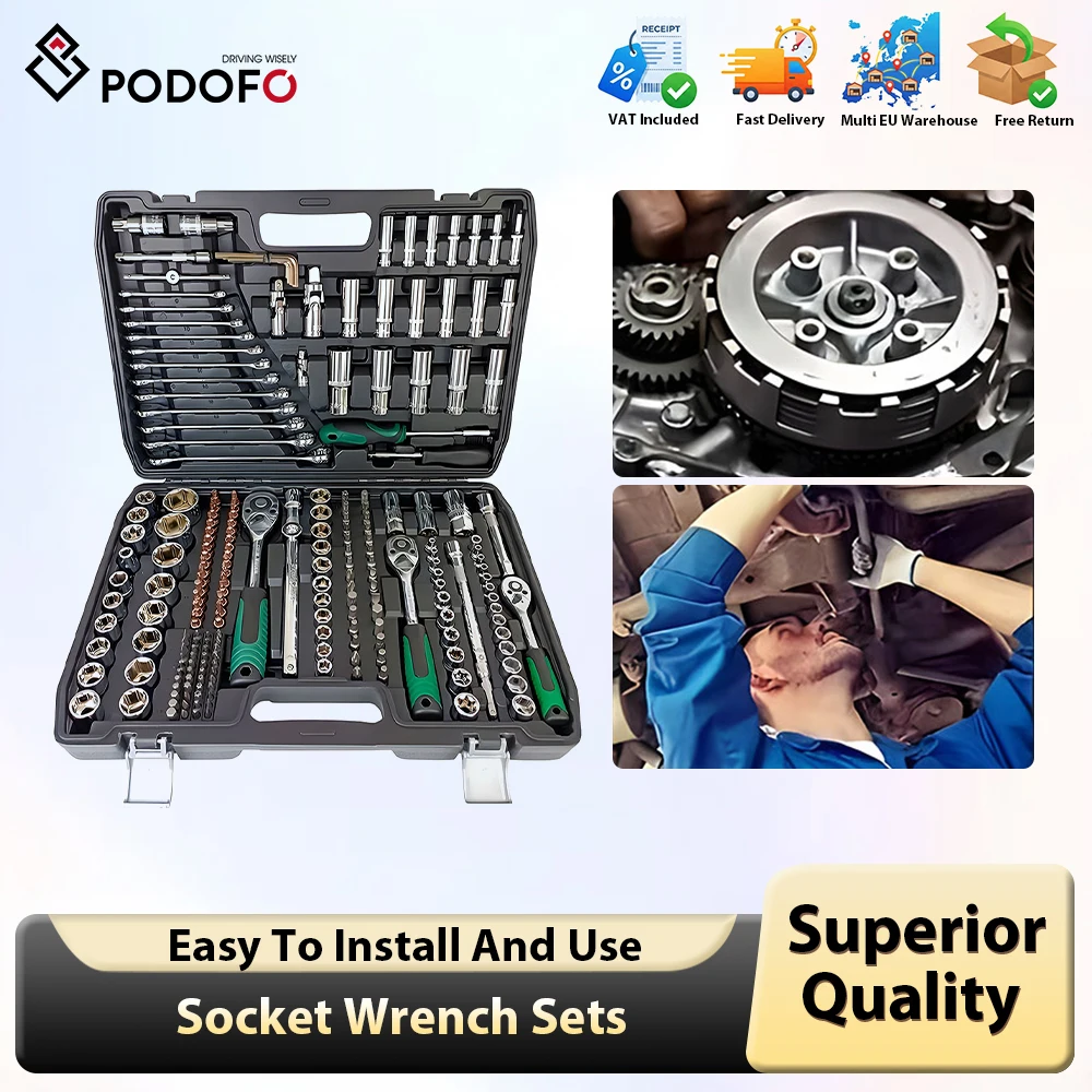 Podofo 216 pièces Kit de clé à cliquet réparation mécanique ensemble d'outils pour moto 1/4 "3/8" 1/2 "réparation clé à cliquet à douille combinée