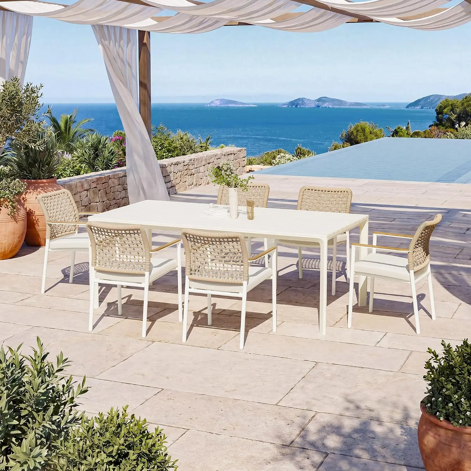 Modern Shade Riviera Outdoor Dining Chairs Set of 6, Fade Resistant, All-Aluminum Woven Rope Outdoor Chairs with FSC Teak Wood A