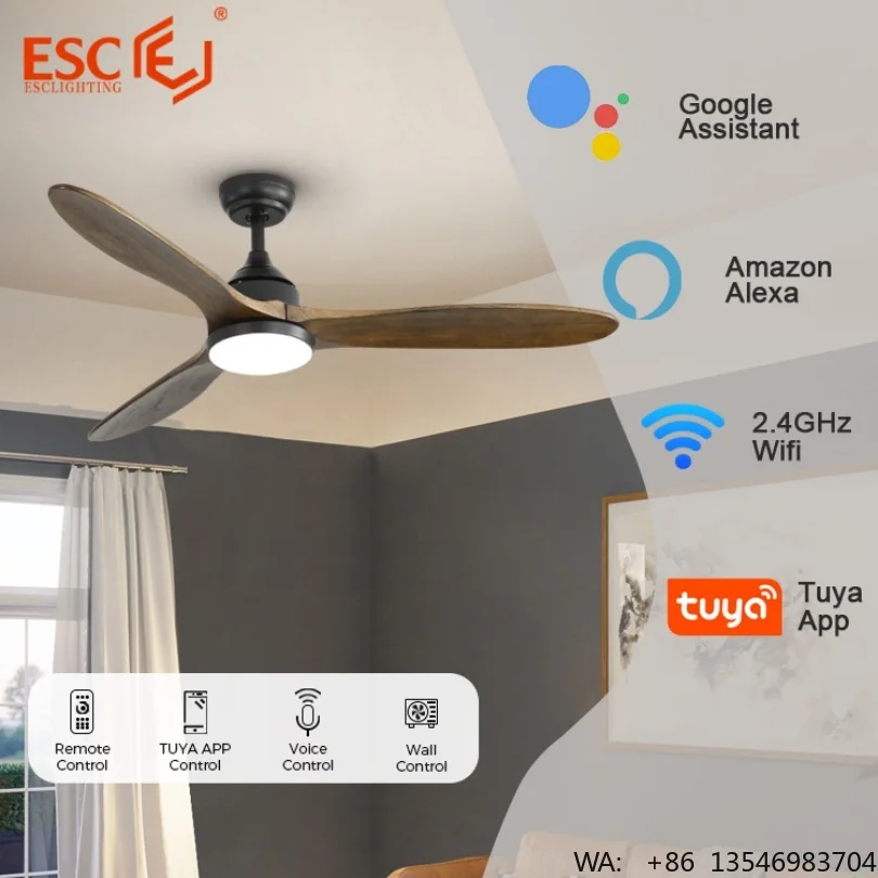 ESC LIGHTING Tuya Wifi Ceiling Fan Remote Control 5 Fan Speed Wooden Blades Electric Ceiling Fan with Light Home