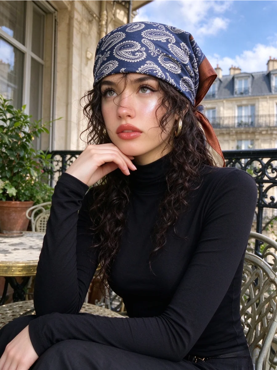 Women Satin Square Bandana Scarf Vintage Paisley Print Brown Border Headscarf Neck Hair Wrap Ladies Fashion Small Silk Scarves