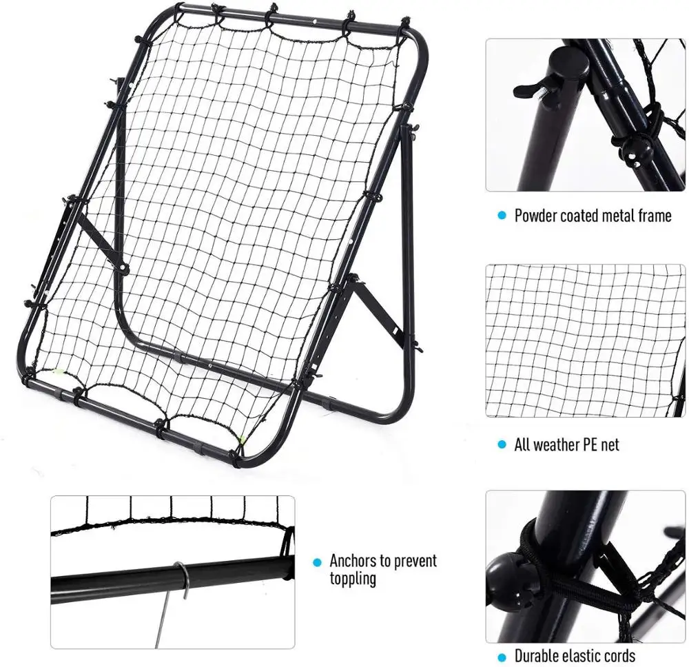 Black Adjustable Rebounder Net Soccer Kickback Target Goal Multi-Sports Training Aid for Kids Adults Football Practice Equipment