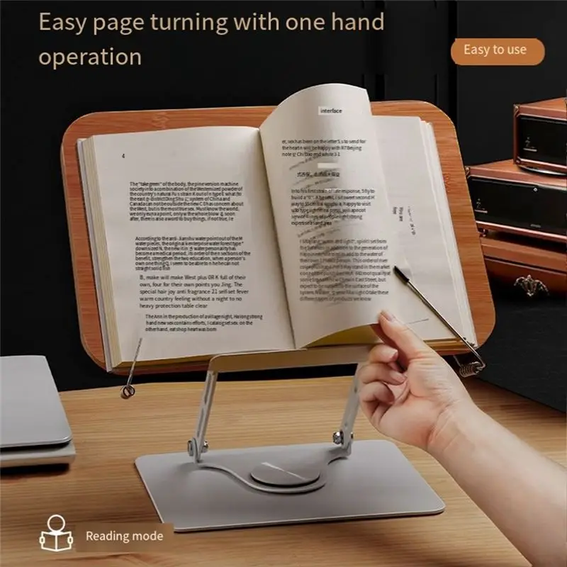 Ingenious-1 Piece Book Stand For Reading-Adjustable Book Holder Silver & Wood Color Aluminum Alloy + Bamboo Wood For Book,Recipe