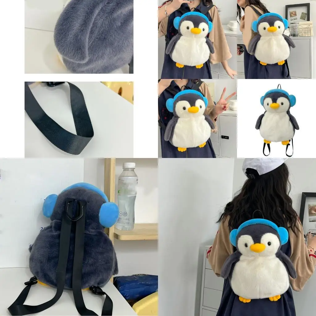 

Furry Plush Backpack with Penguins Design Comfortable Shoulder Bag for Girl