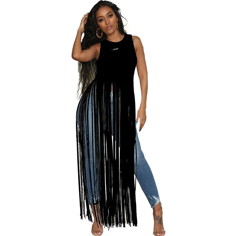 Mode Zomer Casual Jurken Vrouwen Fringe Tassel Lange T-shirt Jurk Vrouwen Mouwloze O-hals Zwart Koreaanse Streetwear Jurk