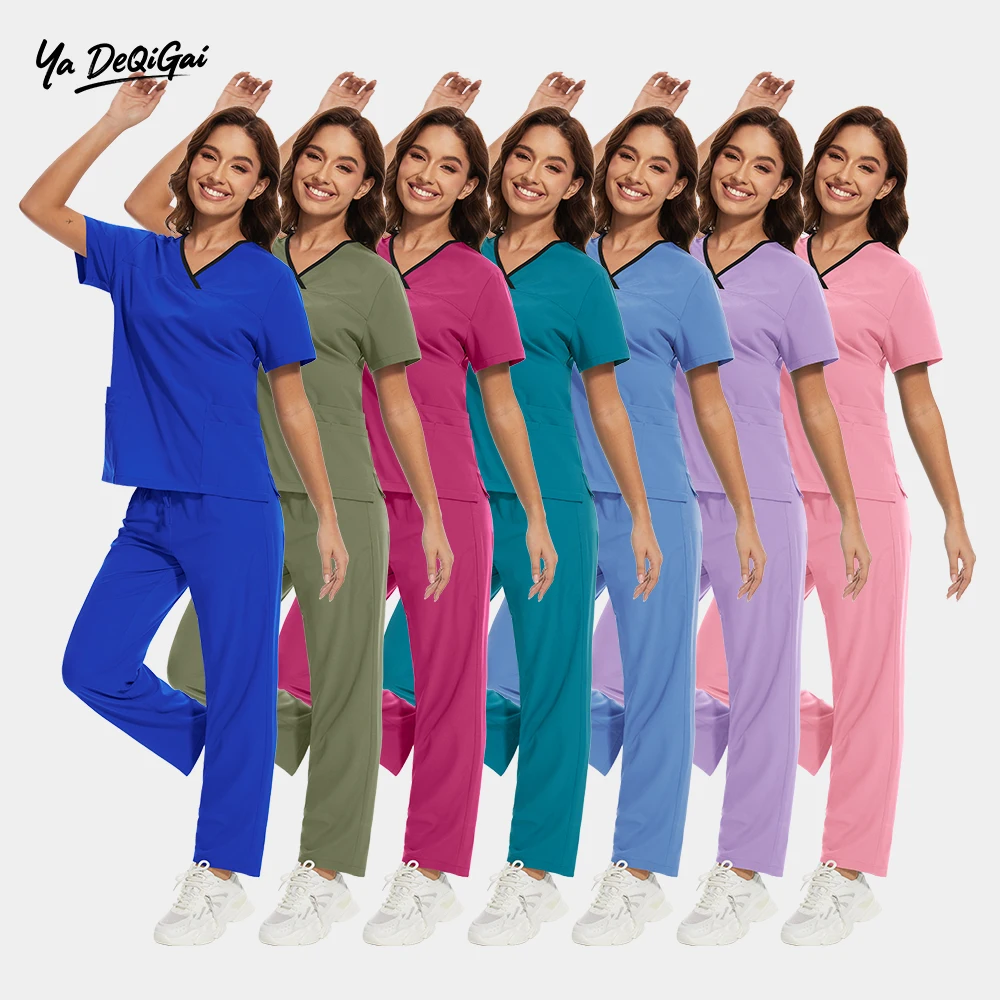 卸売スパンデックススクラブ病院制服看護スクラブスーツ半袖トップ医療スクラブセット女性男性ストレートパンツセット