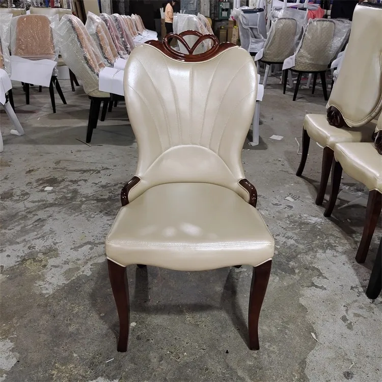 Korean carved solid wood dining chair home design ins soft surface white PU leather chair private room occasion leisure chair