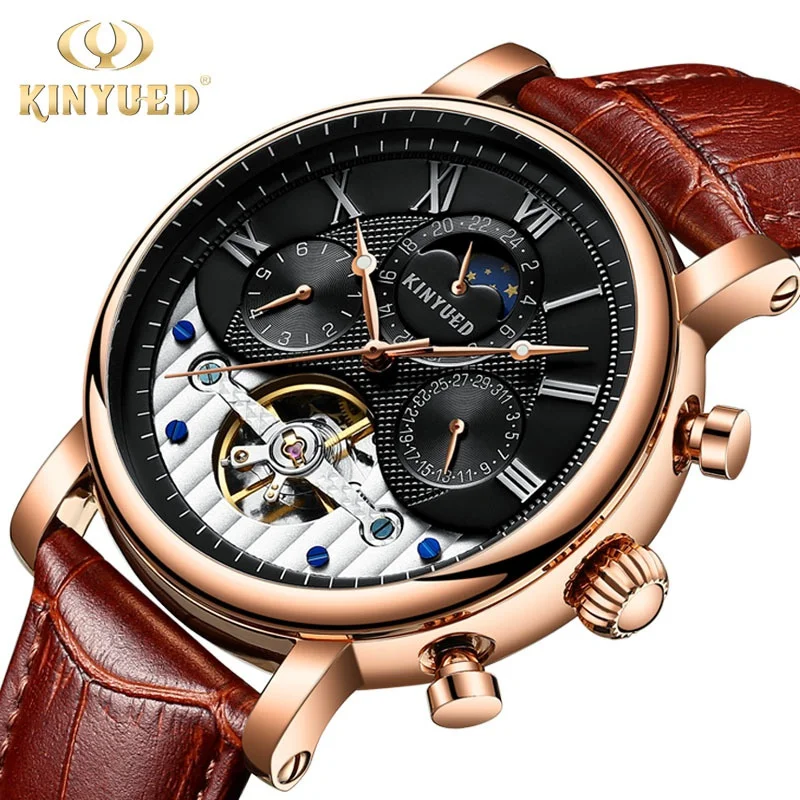 Free ShippingKINYUEDSwiss High-End 's Automatic Multi-Functional Men's Leather Mechanical Watch