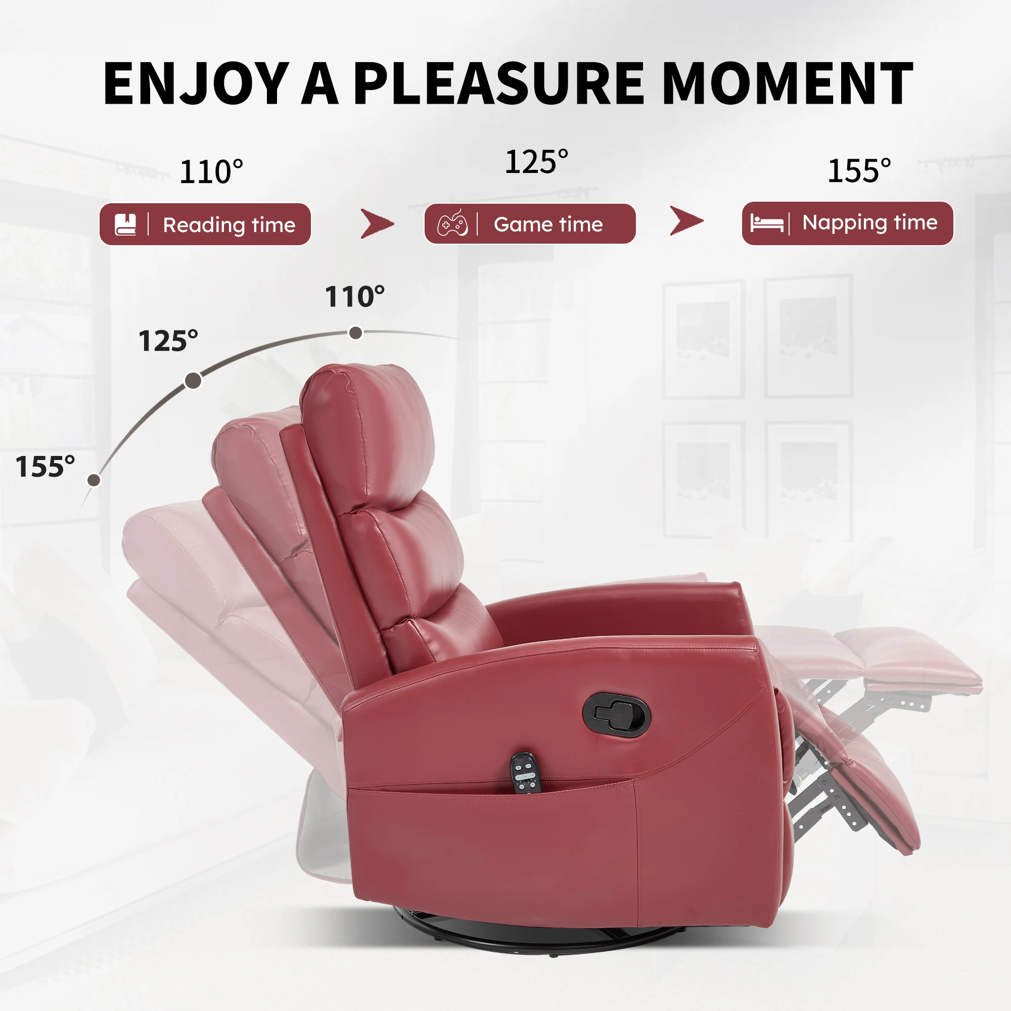 Red Fabric Manual Recliner Chair, Heat Massage & Rocker Swivel, Living Room Lounge Chair view 6