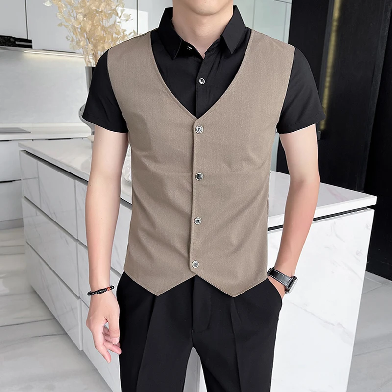 

Летние две рубашки с искусственным жилетом для мужчин, деловые формальные однобортные мужские классические рубашки с короткими рукавами, мужская одежда для выпускного вечера с лацканами