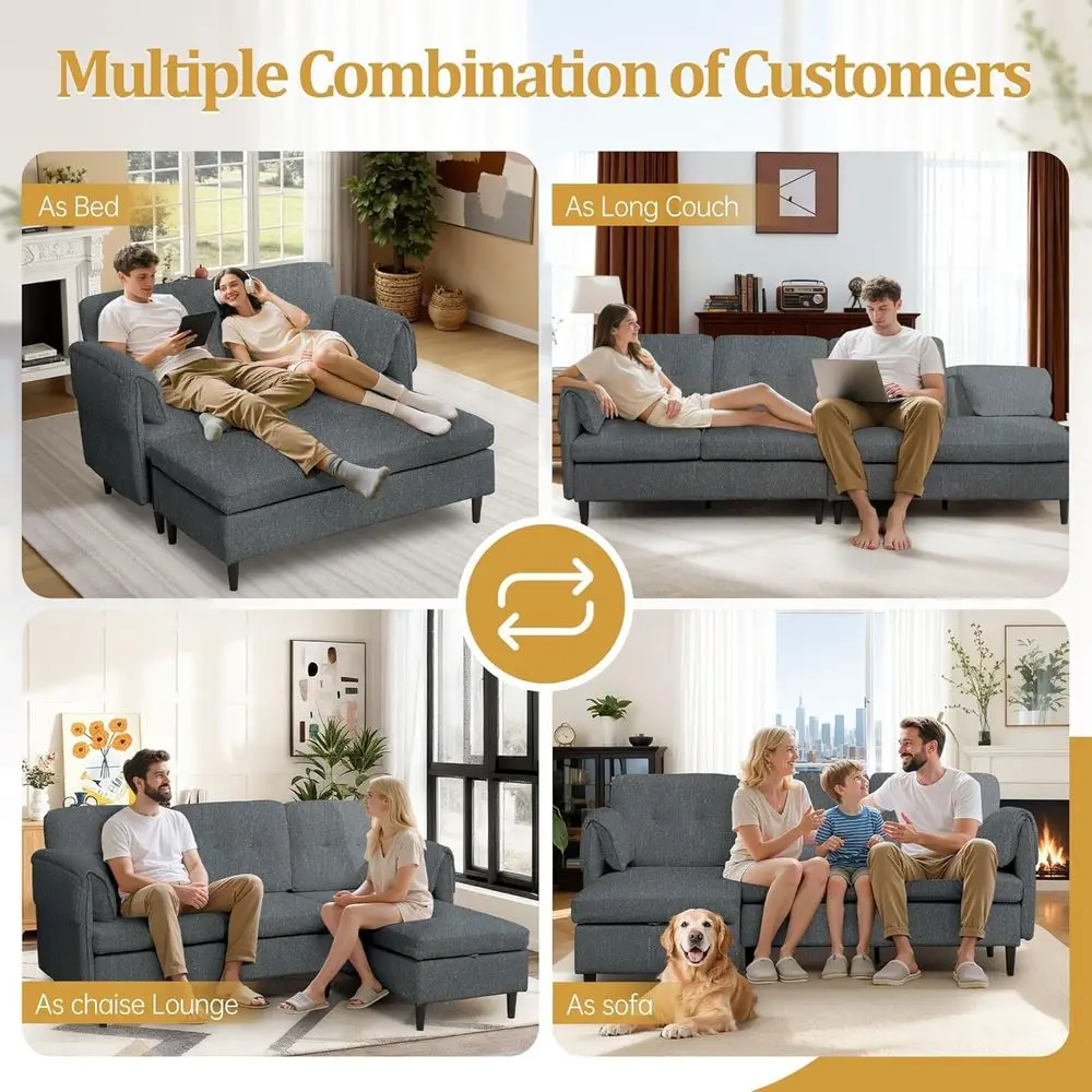 أريكة قابلة للتحويل على شكل حرف L مع مساحة تخزين، 79 أريكة مغطاة بالكتان للمساحات الصغيرة وغرف المعيشة #6