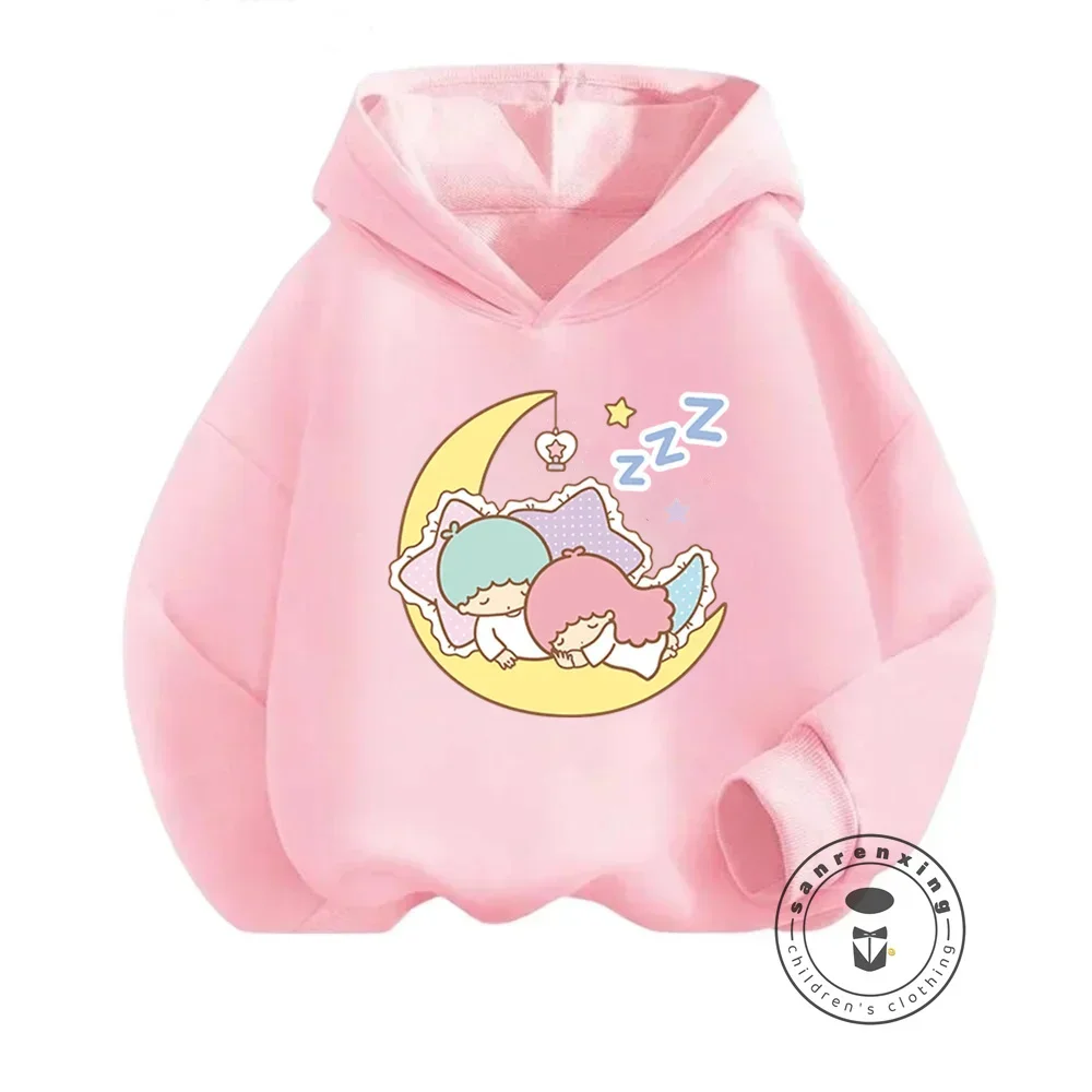 Cute Sanrio Little Twin Stars Kids Hooded Pullover Stylish Cartoon Emblazoned Garment for Autumn Winter Casual Outdoor Wear