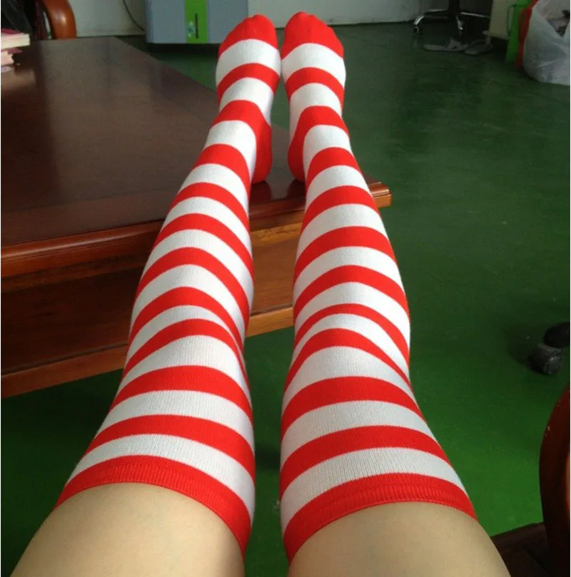 Long Red White Striped Thigh High Knee Sock Christmas Socks Ladies Hosiery Long Cotton Stockings Party Cosplay Knitted Warm Soks