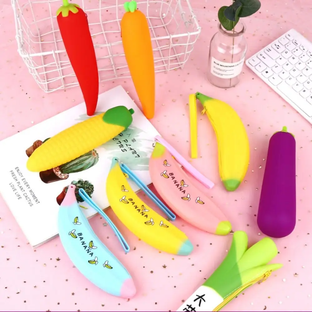 Kawaii Silicone Fruit Vegetable Pencil Case with Zipper Waterproof Student Pen Case Fruit Vegetable Children Storage Bag