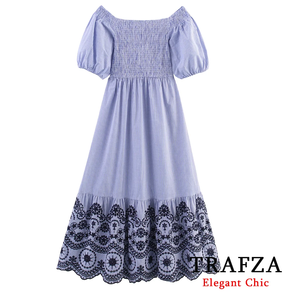 

TRAFZA-Women Casual Embroidery Midi Dress Off-the-Shoulder Striped Long Dress New 2025 Summer Fashion Holiday Elegant Dress