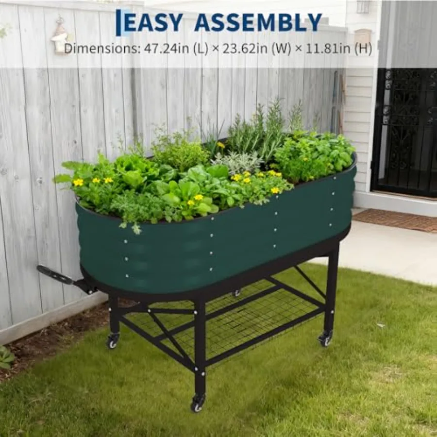 Outdoor vegetable garden bed kit: galvanized steel, gray, thick reinforced construction with legs storage rack, tool-free assem