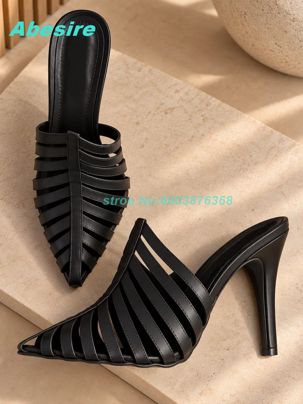 Black Matte Leather Cutout Mules Pointed Toe Stiletto Heels Backless Slip On Slippers Elegant Summer Office Fashion Shoes