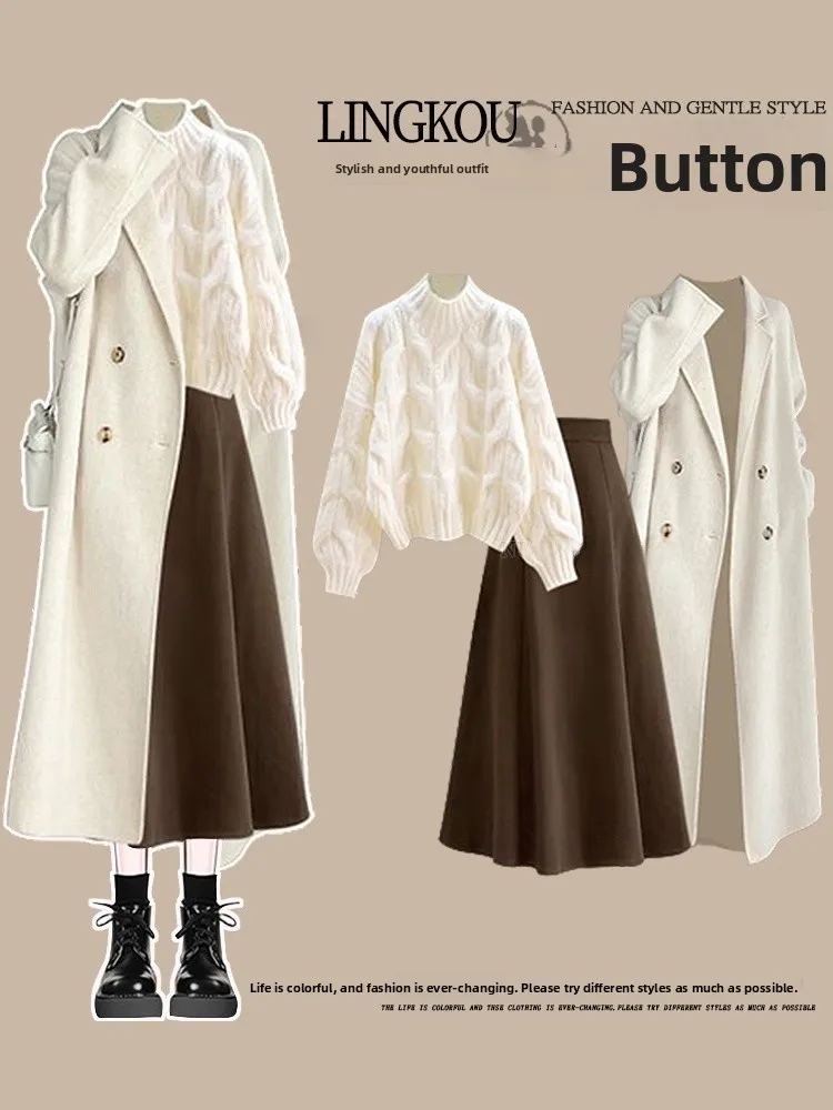 

Комплект из трех предметов: длинное вязаное пальто и свитер большого размера для осени и зимы, а также юбка с эффектом похудения. Женская мода.