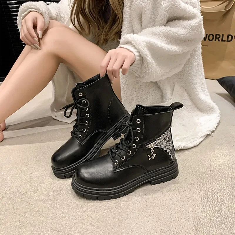 Shoes for Women Hot Sale Lace Up Women's Boots Winter Round Toe Mixed Colors Short Barrel Chunky Heels Large Size Fashion Boots