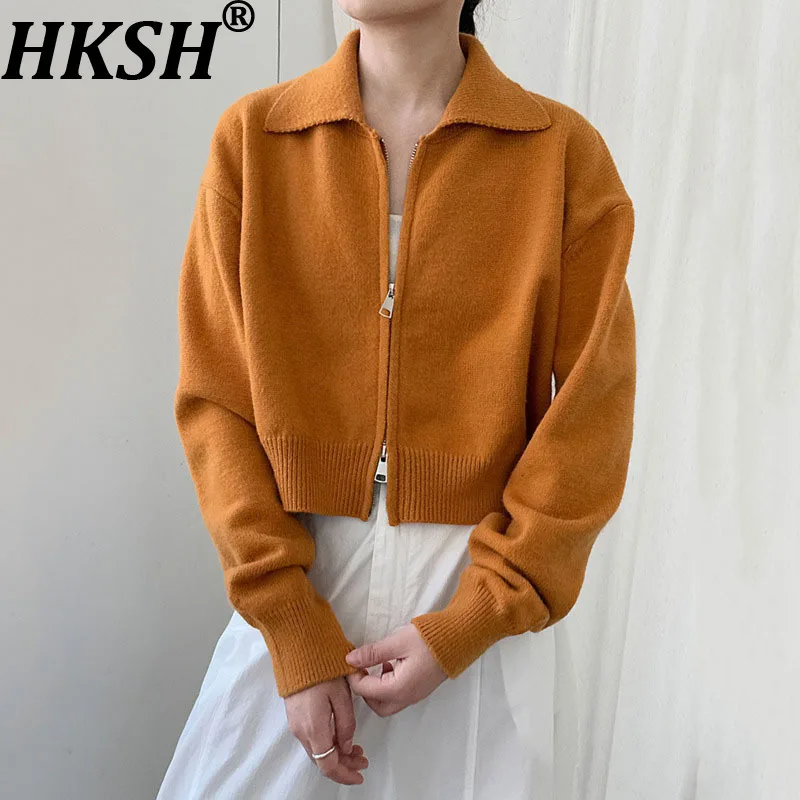 

HKSH осень-зима новый женский короткий свитер кардиган двойная молния однотонный вязаный отложной воротник уличные пальто HK11563