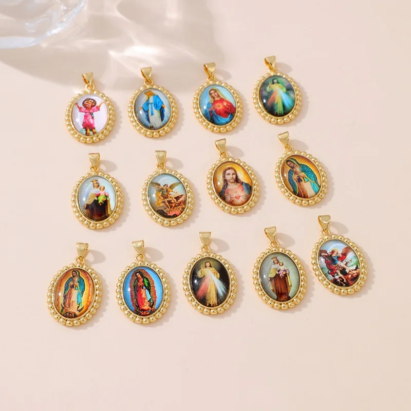 Gold-Beaded Oval Religious Icon Pendant Accessories: Virgin Mary and Jesus Medallion DIY Necklace Pendant Craft Supplies